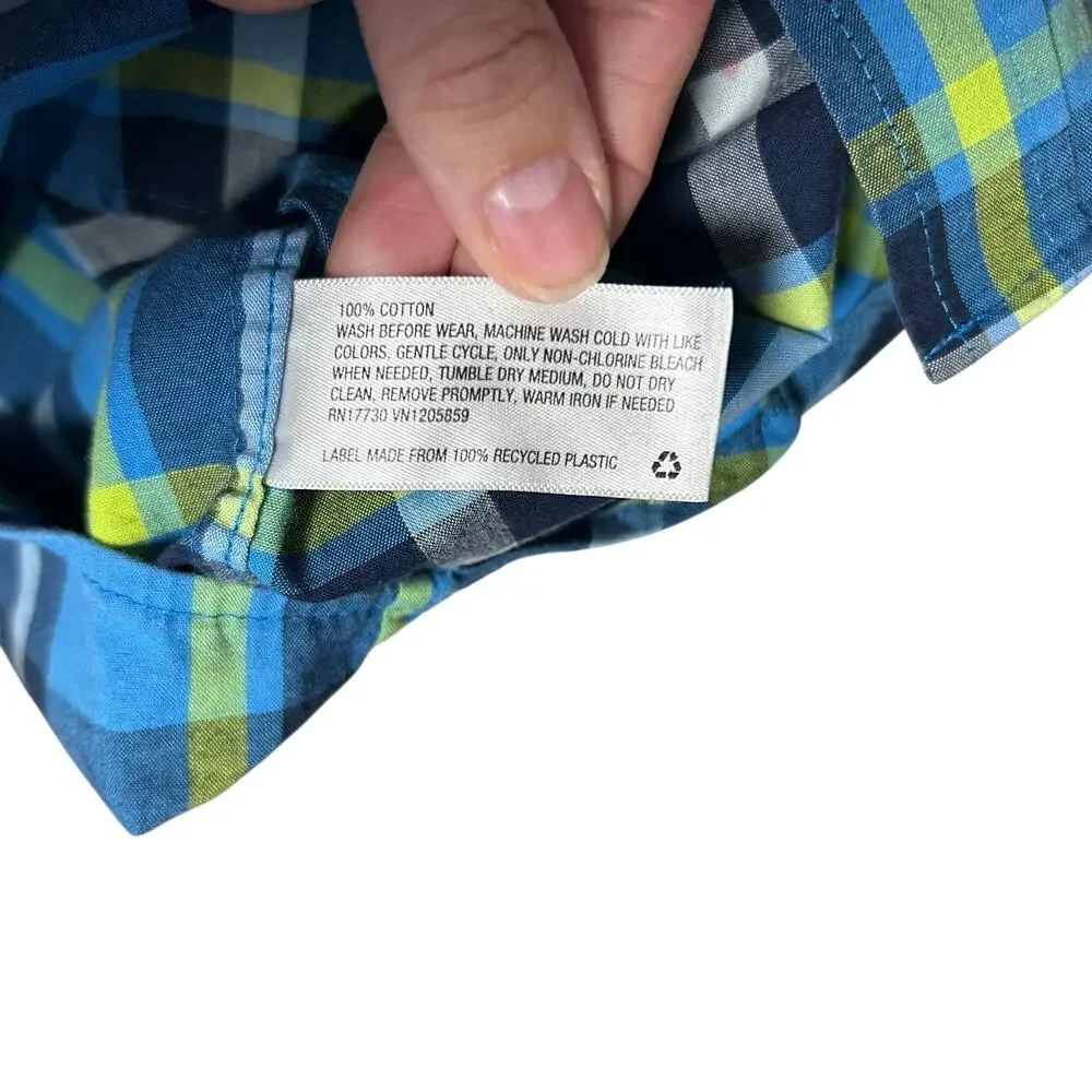 Cat & Jack Boys Blue Green Plaid Button Down S 6/7 FLAW